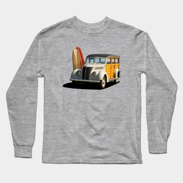 1937 Ford Woody Station Wagon in cream Long Sleeve T-Shirt by candcretro